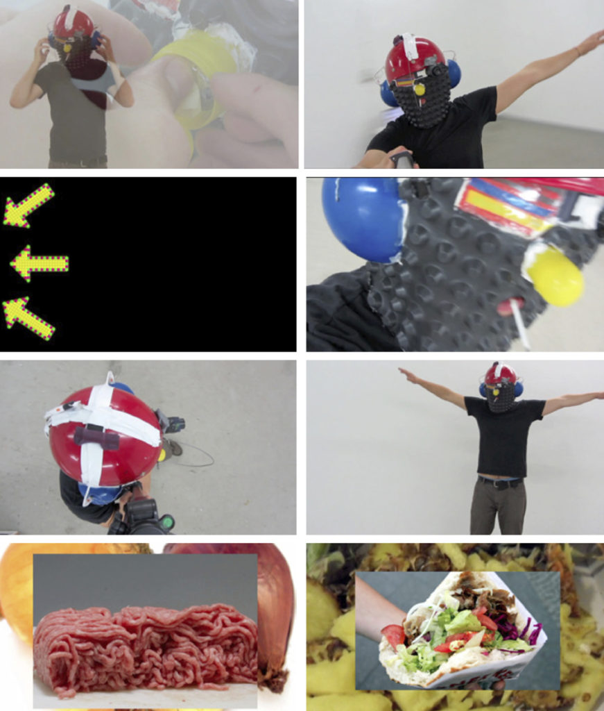 Helmet of Synesthesia (Videostills), 2013, Helm, div. Materialien, MP3-Player, Wandhalterung, Lutscher, Sound, Riechsäckchen, Video